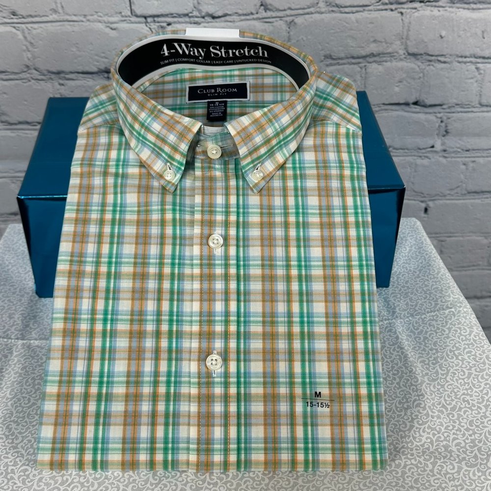 Club Room Men's Slim Fit Long Sleeve Fashion Dress Shirt, Size M, White/Green‎